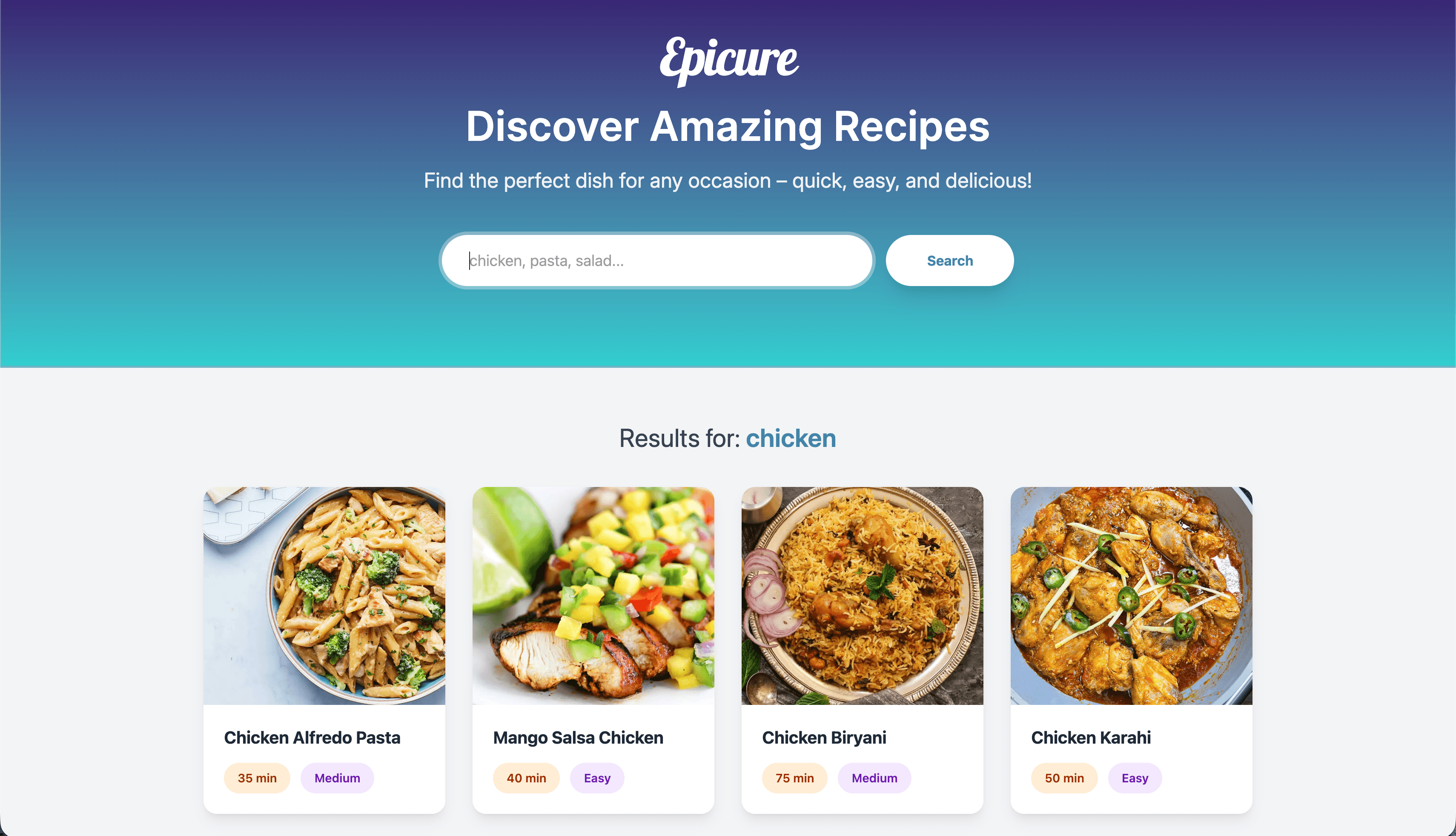 epicure app front page