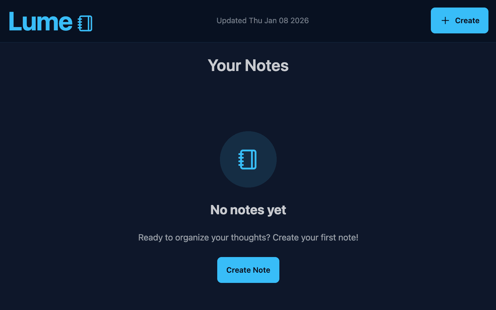 Initial screen of Lume Notes